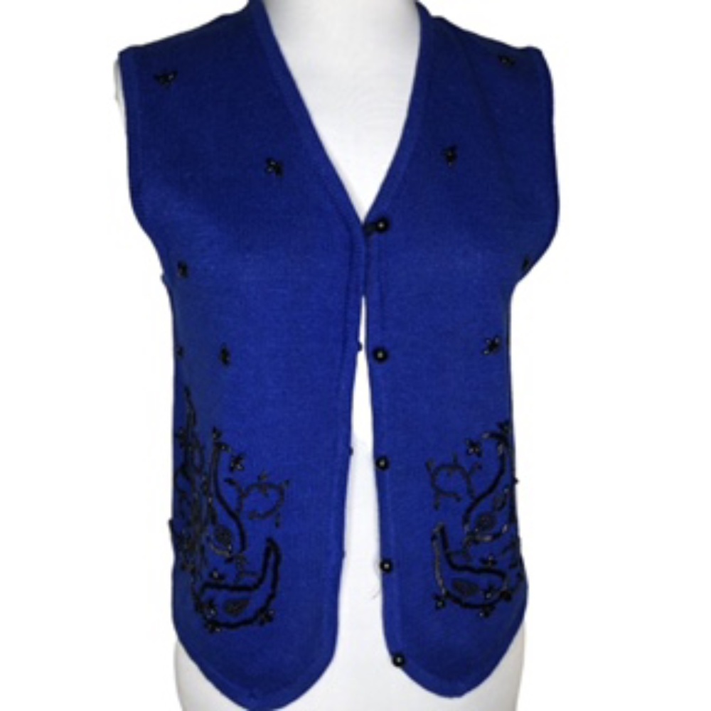 NWT Requirements Christmas Hand Beaded Royal Blue Vest Size M - Picture 3 of 9